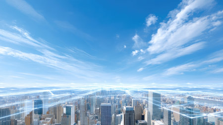 A stunning aerial view of a city skyline under a bright blue sky filled with clouds, illustrating urban life and the concept of digital network connectivity.の素材