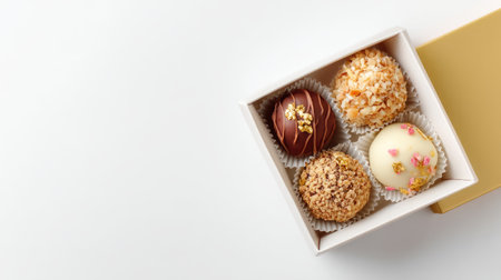 This image showcases a beautiful assortment of gourmet chocolate truffles arranged in an elegant gift box, perfect for sharing during celebrations or special occasions.の素材
