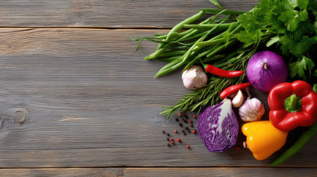 An assortment of fresh vegetables and herbs beautifully arranged on a rustic wooden table, perfect for culinary inspiration and healthy cooking ideas.の素材