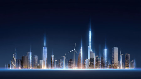 A stunning futuristic city skyline is depicted at night, showcasing modern architecture and wind turbines. Bright lights illuminate the urban landscape, giving a glimpse into sustainable energy and innovation.の素材