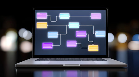 A vibrant flowchart displayed on a laptop screen highlights connections in technology. The blurred background creates a dynamic bokeh effect, emphasizing innovation.の素材