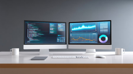 A contemporary workspace featuring two monitors showing vivid data analytics and programming code, ideal for tech professionals and data analysts.の素材