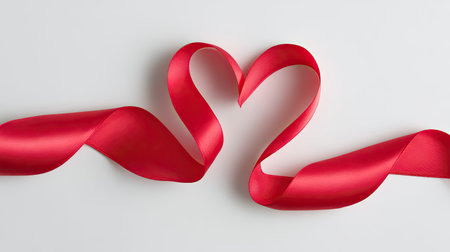 A vibrant red ribbon elegantly twisted into a heart shape on a clean white background, ideal for romantic themes, crafts, and festive occasions.の素材