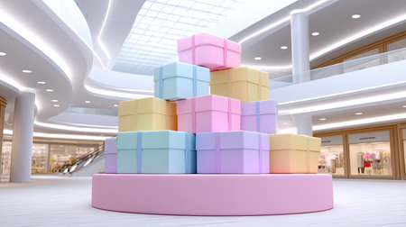 This vibrant image features colorful gift boxes artfully stacked in a modern shopping mall. The bright pastel colors and inviting atmosphere create a festive setting suitable for various celebrations.の素材
