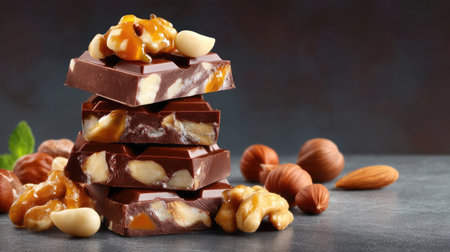 A beautifully arranged stack of chocolate bars layered with nuts and caramel, perfect for dessert lovers. The dark background enhances the rich colors and textures.の素材
