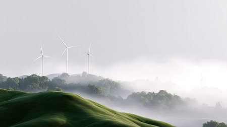 A peaceful landscape showcasing wind turbines rising above gentle hills, enveloped in soft mist, evoking a sense of tranquility and renewable energy.の素材
