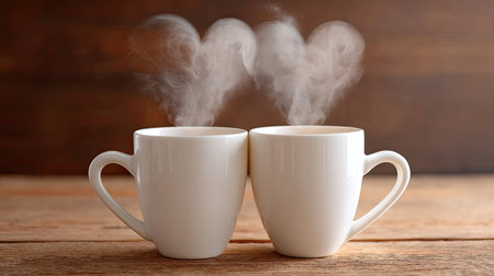 Two white coffee mugs sit closely together on a rustic wooden table, each emitting steaming hearts that symbolize warmth and love.の素材