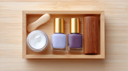 A visually appealing arrangement of beauty essentials featuring cream, nail polishes, and natural tools neatly placed in a wooden tray, perfect for self-care rituals.の素材