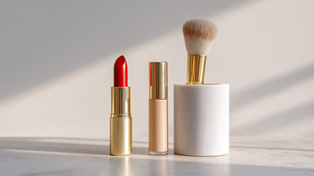 A beautiful arrangement of essential cosmetic products including red lipstick, beige foundation, and a soft brush on a minimalist surface.の素材