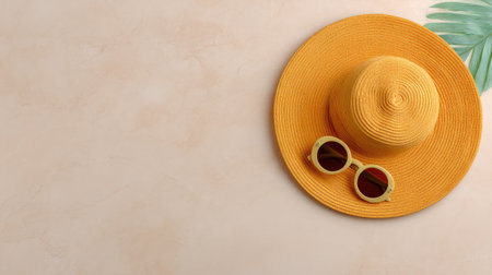 A vibrant yellow straw hat paired with round sunglasses rests on a soft light background, embodying summer vibes and holiday relaxation.の素材