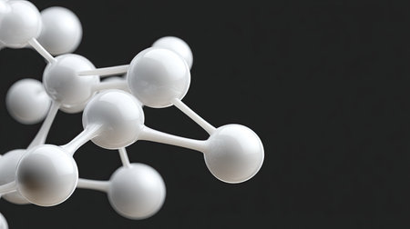 This image showcases an abstract molecular structure with interconnected white spheres on a dark background, illustrating themes of science and technology.の素材