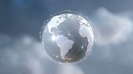 A stunning digital illustration of a globe interconnected by a network of lines, set against a cloudy background. Ideal for technology and communication themes.の素材