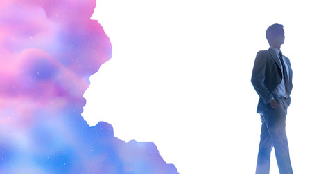 A stylish businessman in a suit stands confidently against a vibrant abstract background of colorful clouds and stars, symbolizing success and potential.の素材