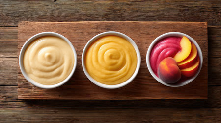 A beautiful display of creamy fruit purees in bowls, featuring mango, banana, and peach. Ideal for healthy dessert ideas, showcasing vibrant colors and rustic charm.の素材