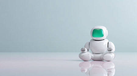 A sleek, serene robot in a lotus pose sits on a reflective surface. Its soft green visor adds a calming touch against the minimalistic background, embodying tranquility.の素材