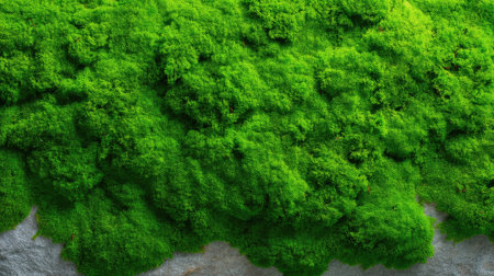 This image showcases vibrant green moss growing abundantly over a stone surface, highlighting nature's beauty. Ideal for design, art, and nature-themed projects.の素材