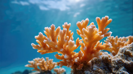Experience the beauty of vibrant coral growth in a tropical reef setting, showcasing rich colors and serene water, highlighting marine biodiversity.の素材
