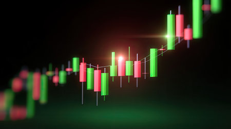A vibrant stock market candlestick chart showcasing price movements in green and red colors, illuminated by bright lights against a dark backdrop.の素材