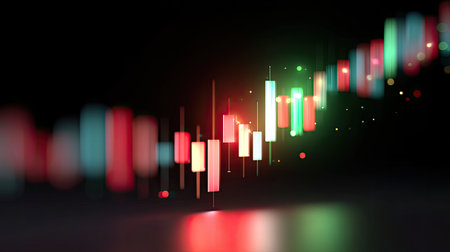 This vibrant abstract visualization features a colorful candlestick chart against a dark background, representing market trends and financial data analysis.の素材
