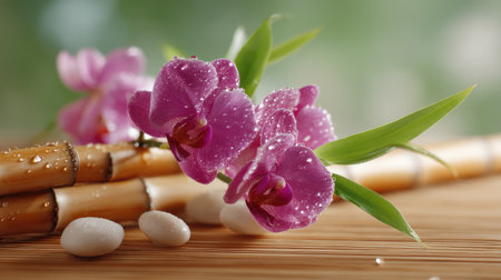Captivating closeup of vibrant pink orchids adorned with dew drops, arranged on bamboo and smooth stones, embodying nature's beauty and tranquility.の素材