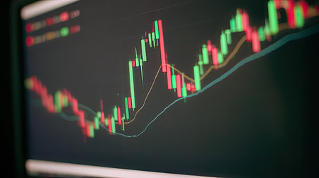 This image depicts a close-up of a financial market chart with colorful indicators and graphs on a dark background, showcasing trending analysis and data visualization.の素材