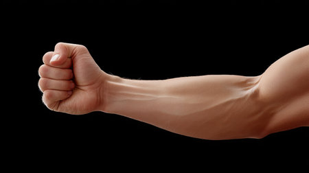 A powerful image of a clenched fist and muscular arm against a dark background, highlighting strength and determination in fitness and physical training.の素材
