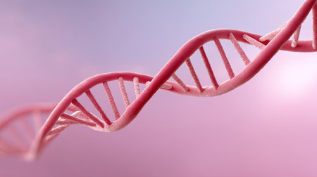 This image features a stunning close-up of a single DNA helix structure rendered in vibrant pink colors, highlighting the beauty of genetics and molecular biology.の素材