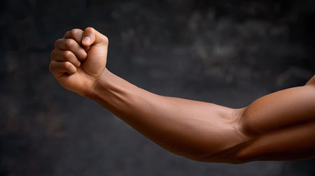 A close-up view of a muscular arm flexing a powerful fist against a dark, textured background. The image captures strength and determination, perfect for fitness themes.の素材