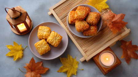 This serene setup features delightful mooncakes surrounded by autumn leaves and soft candlelight, creating a perfect atmosphere for celebration.の素材