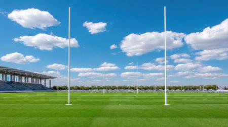 A vibrant rugby field features white goal posts against a bright blue sky adorned with fluffy clouds. The lush green grass invites recreational activities.の素材