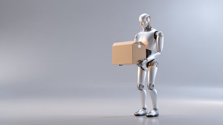 A humanoid robot stands in a sleek studio environment, cradling a cardboard box as a representation of modern delivery and automation. The soft lighting enhances its metallic features.の素材
