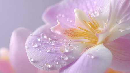 This close-up image showcases a delicate pink orchid petal adorned with shimmering water droplets, highlighting the intricate beauty of nature.の素材