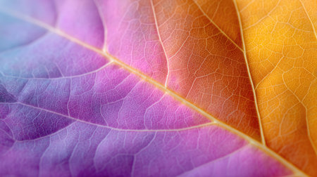 Captivating close-up of a colorful leaf capturing intricate veins and radiant gradients. Perfect for showcasing nature's beauty in design and art projects.の素材