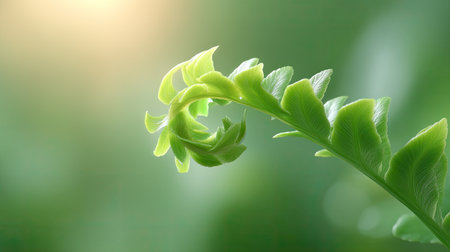 This stunning close-up image features a spiraling fern leaf, showcasing the intricate design and vibrant green hues. Soft light adds a serene atmosphere.の素材
