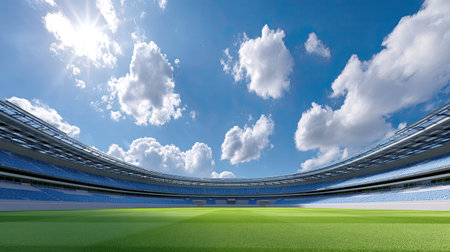 A stunning view of an expansive sports stadium showcasing a vibrant green grass field under a bright blue sky, dotted with fluffy clouds and radiant sunlight.の素材