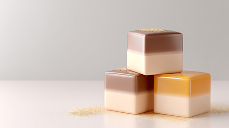 A beautifully arranged trio of gelatin cubes featuring distinct layers in warm tones. The smooth texture and soft lighting create a minimalist aesthetic, perfect for culinary designs or dessert presentations.の素材