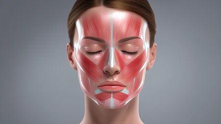 A realistic anatomical illustration showcasing the muscles of the human face, ideal for educational and medical contexts. This image offers clear insights into muscle structure, enhancing understanding of facial dynamics and anatomy. Perfect for students, teachers, and healthcare professionals.の素材