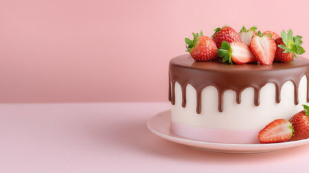 This beautiful chocolate cake with strawberry topping is perfect for any celebration or gathering. Its glossy finish and vibrant colors make it an eye-catching dessert.の素材