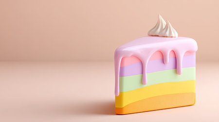 Delight in this vibrant slice of layered cake with dripping icing and a dollop of whipped cream, perfect for celebratory occasions and food photography.の素材