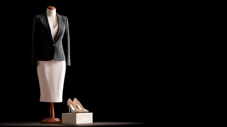 This artistic image showcases elegant business attire on a mannequin paired with chic high heels, set against a dark background to emphasize sophistication.の素材