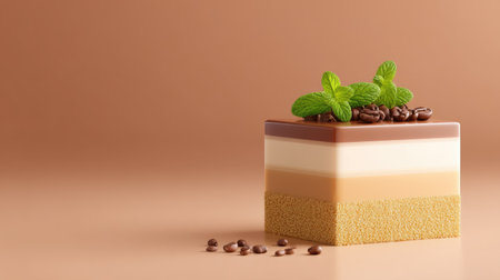 A delectable layered dessert featuring rich chocolate, creamy layers, and vibrant mint leaves, perfect for any culinary enthusiast or gourmet event.の素材