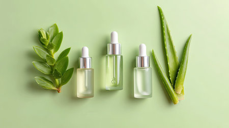 A serene display of natural oils and fresh aloe vera on a soft green background, ideal for wellness and beauty themes, emphasizing purity and nature.の素材