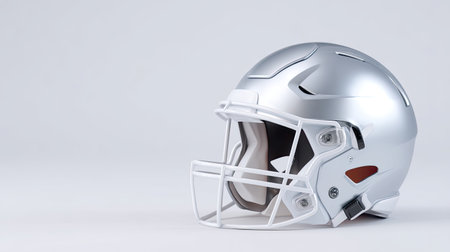 A sleek and modern silver football helmet with a white face mask is displayed in a studio setting, showcasing its design and athletic features.の素材