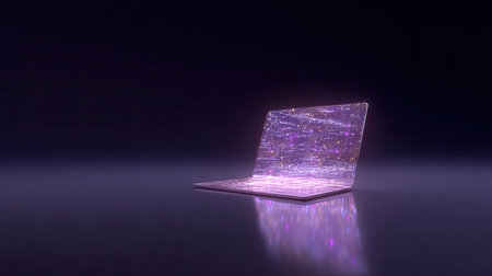 This captivating image features a futuristic laptop design with an illuminated keyboard set against a dark background, showcasing modern technology trends.の素材