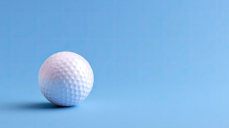 A pristine white golf ball is prominently displayed against a smooth light blue background, perfect for illustrating themes related to sports, leisure, and outdoor activities.の素材