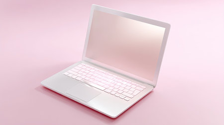 A sleek white laptop sits against a soft pink background, embodying modern minimalism and elegance. Perfect for tech and office themes.の素材