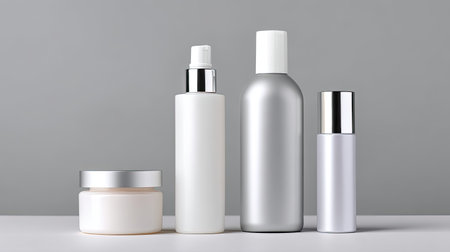 An elegant collection of skincare products featuring various bottles and jars in a minimalist setting, perfect for beauty and wellness themes.の素材