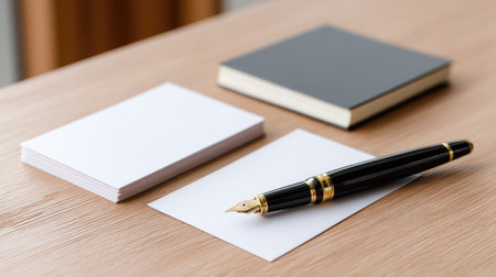 A sophisticated setup featuring blank business cards, a sleek notebook, and a luxurious fountain pen resting on a wooden table, ideal for creative professionals.の素材