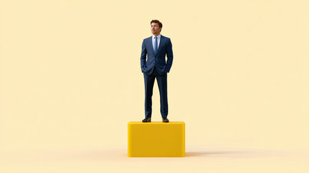 A confident man in a business suit stands on a yellow block against a neutral background, symbolizing success and ambition in the corporate world.の素材
