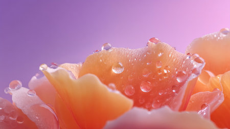 This enchanting close-up image captures delicate rose petals adorned with sparkling water droplets, set against a soft pastel gradient background.の素材